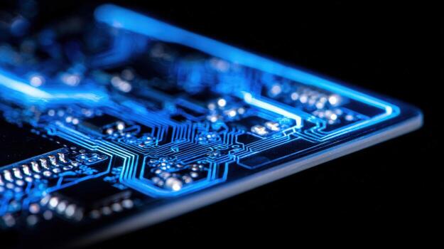 close-up-of-a-modern-circuit-board-illustrating-high-technology-with-blue-light-and-black-background-photo
